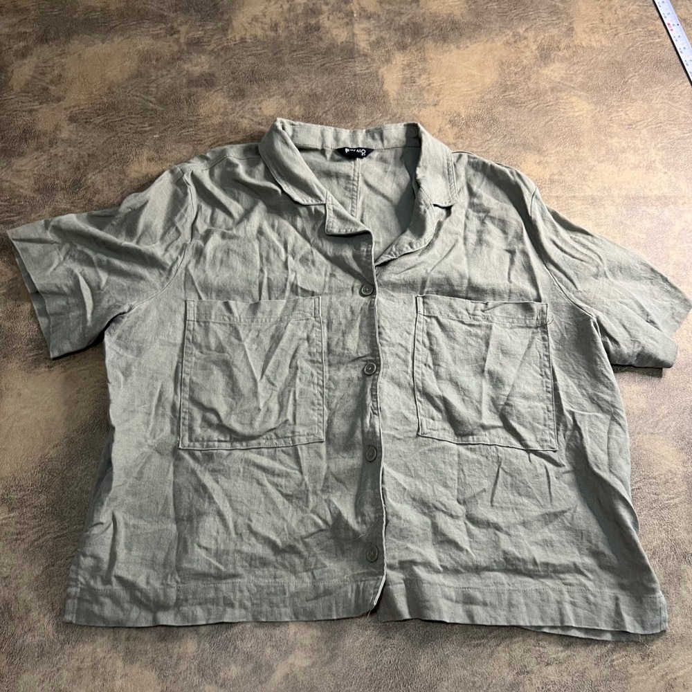 Buffalo David Bitton Shirt Womens XL Green Linen Blend Short Sleeve Utility‎